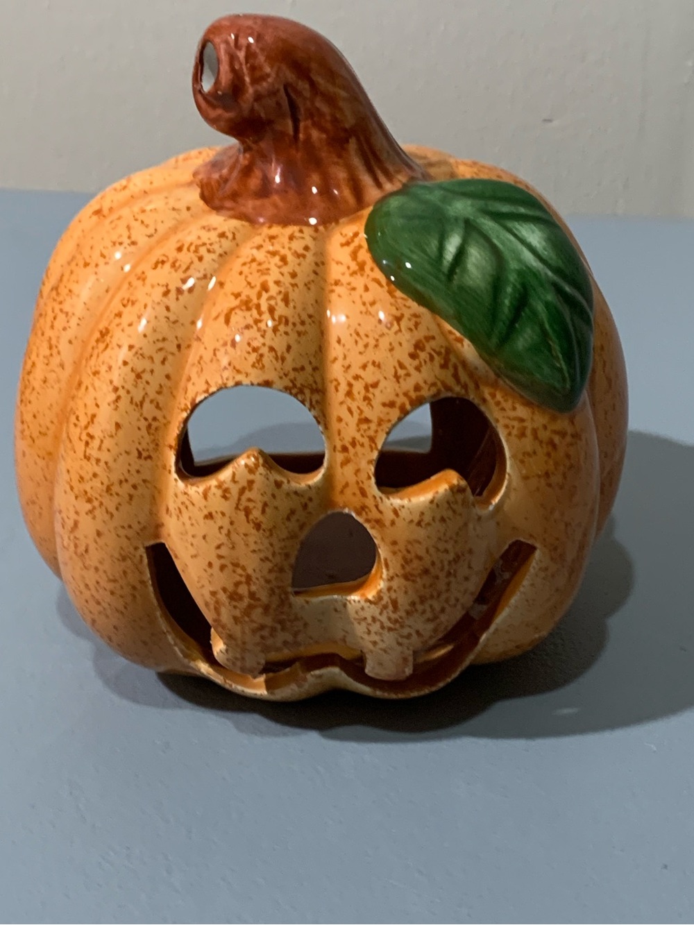 Ceramic Jack-O'-Lantern Pumpkin Lantern - Orange with Green Leaf